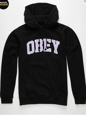 EUC Obey Black Unisex Hoodie with Purple & White Logo—Medium